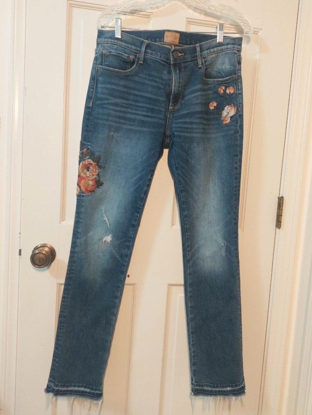 Driftwood Audrey Embroidered Floral Raw-Hem Straight Leg High-rise Jean, Size 29